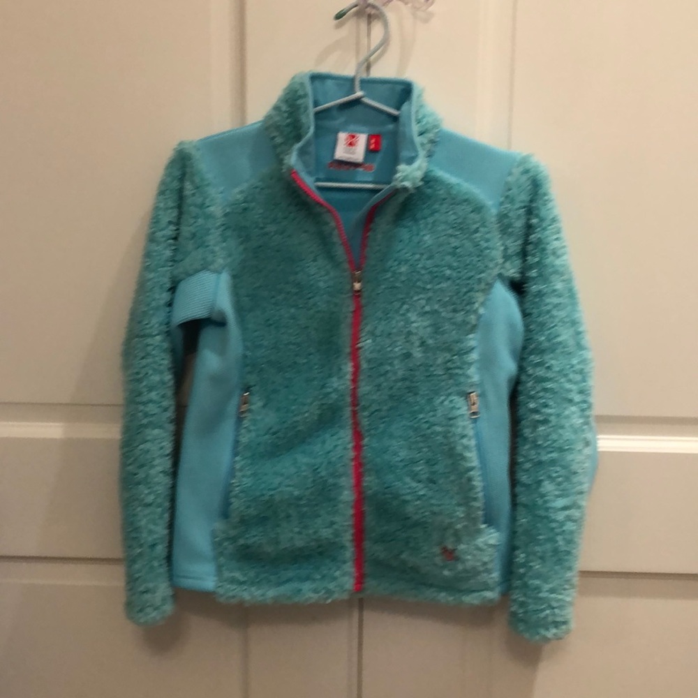 Girl’s Aqua fuzzy fleece Spyder zip up jacket.